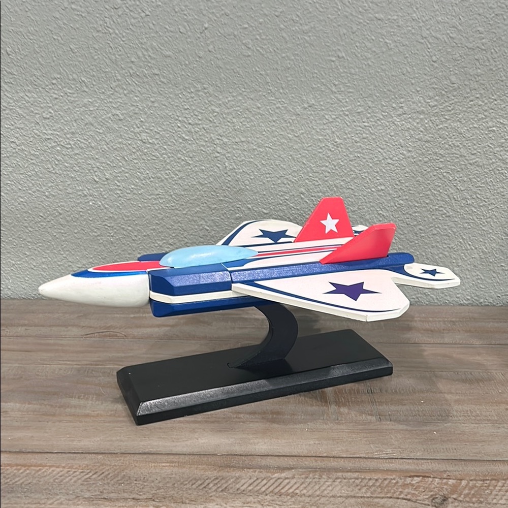 Handmade Wood Crafted Fighter Jet (14” Tall x 10” Wide) with Stand